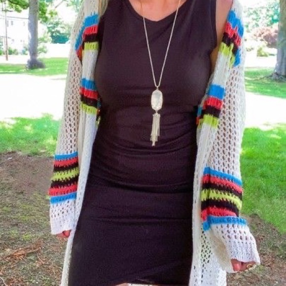 Scoop Womens Open Knit Crochet Knit Striped Boho Hooded Cardigan Kimono Sz XS - Picture 6 of 11